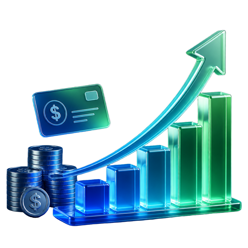 3D growth chart with rising arrow and coins